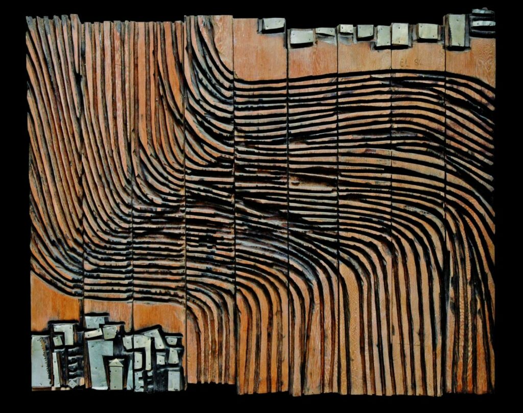 El Anatsui, Between Onitsha and Asaba, 1985, Black afara, 150x110 cm, Courtesy of Eric Makin, Shikra