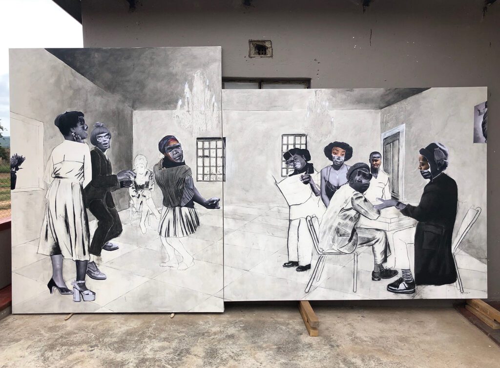 Mahlakung, 2020, collage, charcoal, liquid charcoal and ink on canvas, 250 x 450cm, photographed at the artist's Limpopo studio