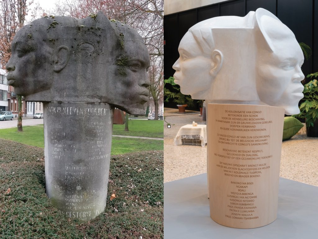 The monument in Mechelen, Lode Eyckermans, 1953 / right: 'The Copy' with the proposed new text, Bie Michels, 2019