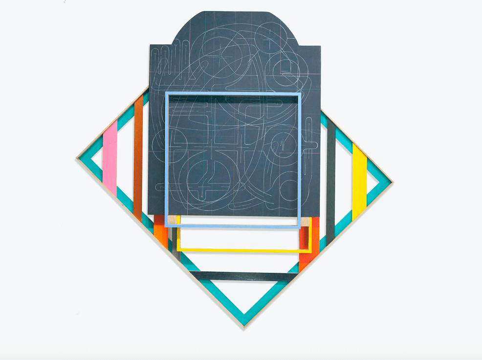 Andrew Lyght, Painting Structures P340, 2018-2019. Red oak, paint stick, acrylic paint, Prismacolor pencil, plywood. 56 x 56 x 5 1/2 inches.