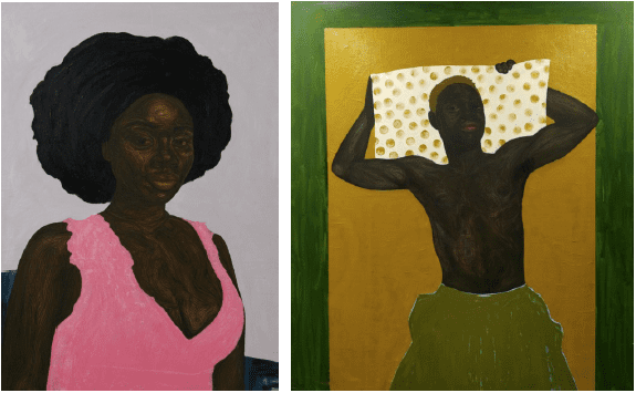 (left) Collins Obijiaku, Molaya, 2020. Oil and charcoal on paper, 100 cm x 70 cm. (right) Collins Obijiaku, Gindin Mangoro, 2020. Acrylic, oil and charcoal on canvas, 180 cm x 160 cm. 
Both images courtesy of the artist and ADA \ contemporary art gallery.