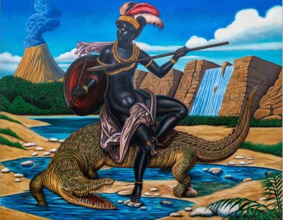 Kajahl, Huntress In Oasis (Astride A Crocodile), 2020. Oil on canvas
