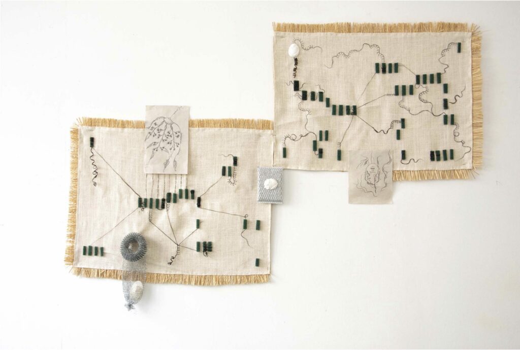 Marie-Claire Messouma Manlanbien. 2020. #Map#17 et #Map#16, mixed techniques on rafia weave, drawing on guta, 60 x 40 cm for each. Courtesy the Artist. 

