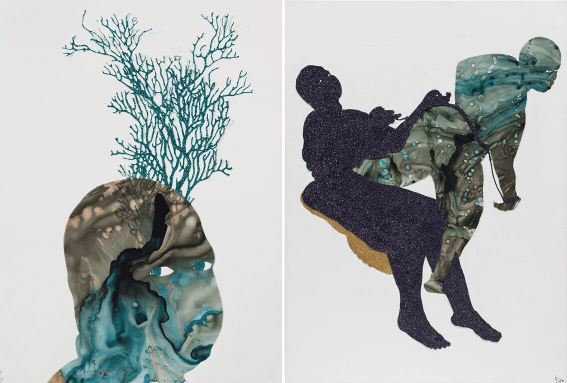 M. Florine Démosthène , (left)Untitled 10, 2020. Collage on paper, 11″ x 15”. (right) Entangled By Your Thoughts, 2020. Collage on canvas, 18″ x 24″. Photos courtesy of M. Florine Démosthène 