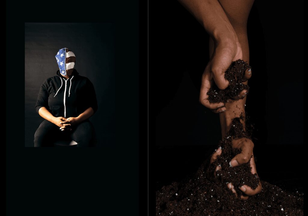 (left) Alexis Rivierre, On Being (Self Portrait), 2018; (right) Farihah Aliyah Shah, Untitled (Roots), 2017. Courtesy the artists.