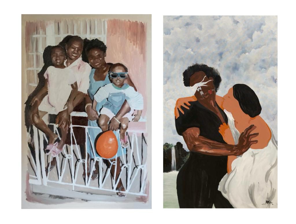 (left) Damilola Onosowobo Marcus, Untitled, 2021, oil on canvas, 24 x 36 inches. (right) Daniel Pengrapher Oshundaro, Clerk, 2021, Acrylic on canvas, 30 x 47.6 inches.