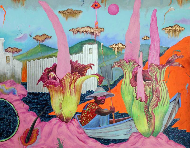 Simphiwe Ndzube, The Bloom of the Corpse Flower, 2020. Acrylic paint on canvas and mixed media; 94-1/2 x 79 in. Denver Art Museum: Funds from the Contemporary Collectors’ Circle with additional support from Vicki and Kent Logan, Catherine Dews Edwards and Philip Edwards, Craig Ponzio, Ellen and Morris Susman, and Bryon Adinoff and Trish Holland, 2021.37. © Simphiwe Ndzube. Courtesy of the Artist and Nicodim Gallery. Photo by Marten Elder.
