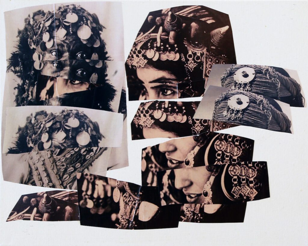 Amina Zoubir, Archaeology of the colonized body, serie: Mamounia#1, Collages from Photo collection of Markk Museum, canvas 40x50 cm, 2021. 
