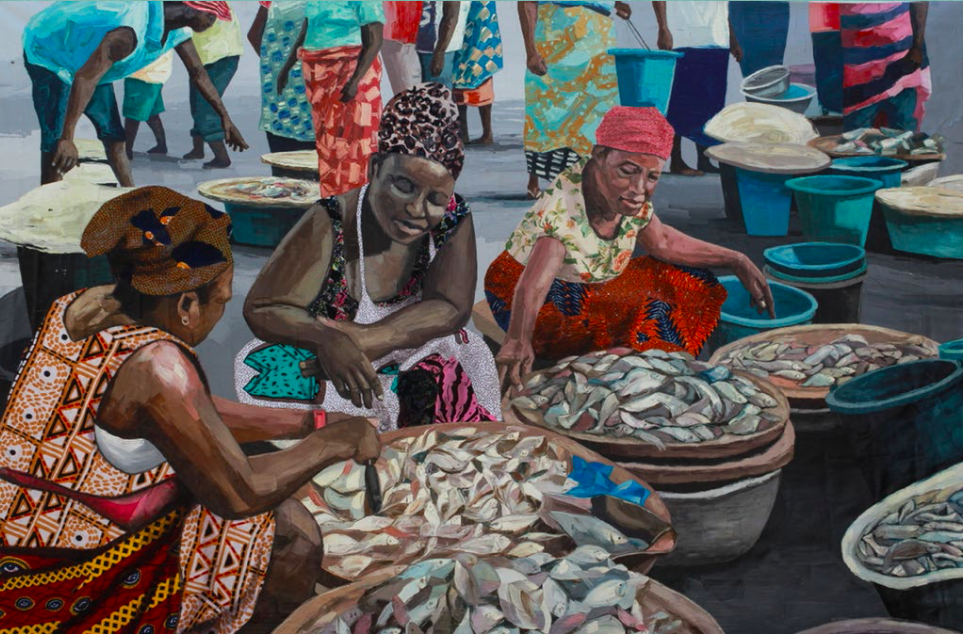 Fishmongers, 2021, Acrylic, Oil, and Fabric on Canvas, 59 x 89 inches