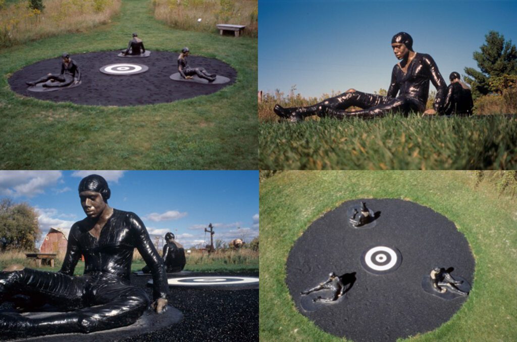 Michael Richards, Are You Down?, 2000. Fiberglass, bonded bronze, resin, concrete, black beauty sand. Installation images courtesy of Franconia Sculpture Park.
