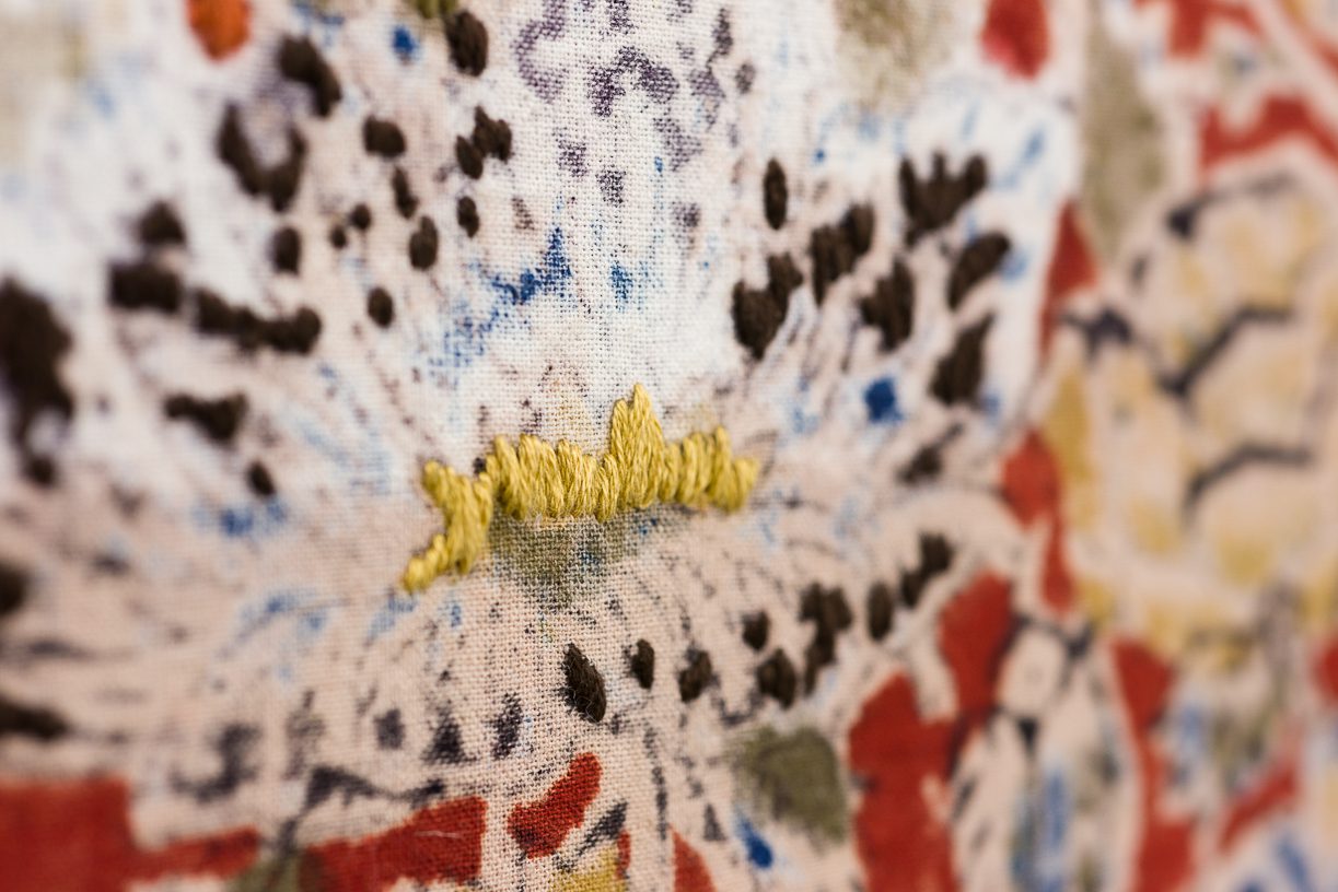 Lina Ben Rejeb, Peintures domestiques No. II (Detail) , 2019. Indian fabric, DMC embroidery thread, 204h x 123w x 4d cm, Unique. Courtesy the artist. 