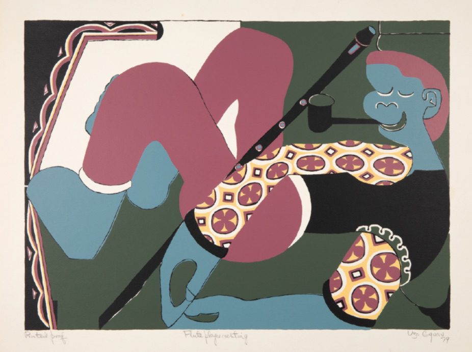 Uzo Egonu, Flute player resting, 1979, Screen print on woven paper, 65 x 82.7 cm, Printer’s proof.