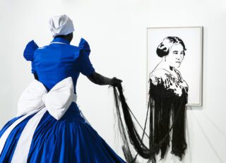 Mary Sibande, Sophie Velucia in conversation with Madam CJ Walker, 2009, Fiberglass, resin, cotton and synthetic hair embroidered on canvas. Courtesy of Artist and SMAC Gallery.