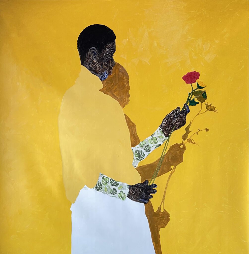Amoako Boafo, Monstera leaf sleeves,2021,
Oil and paper transfer on canvas
82.68 x 70.87 in (210 x 180 cm)