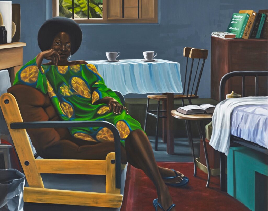 Peter Uka, Marsha (detail), 2021. Oil on canvas. 70 7/8 x 70 7/8 in, 180 x 180 cm. Courtesy of Mariane Ibrahim.
