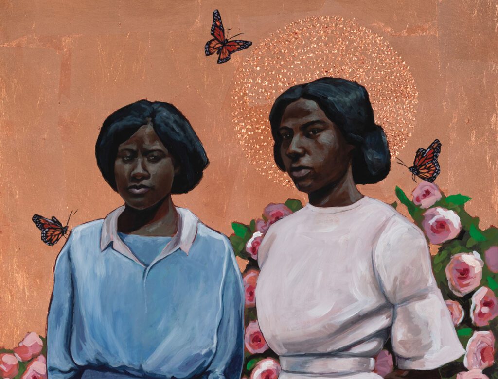 Stephen Towns, Two Roses (detail), 2021, Acrylic, oil, copper leaf on panel, 30 x 40 inches, Courtesy of the artist and De Buck Gallery
