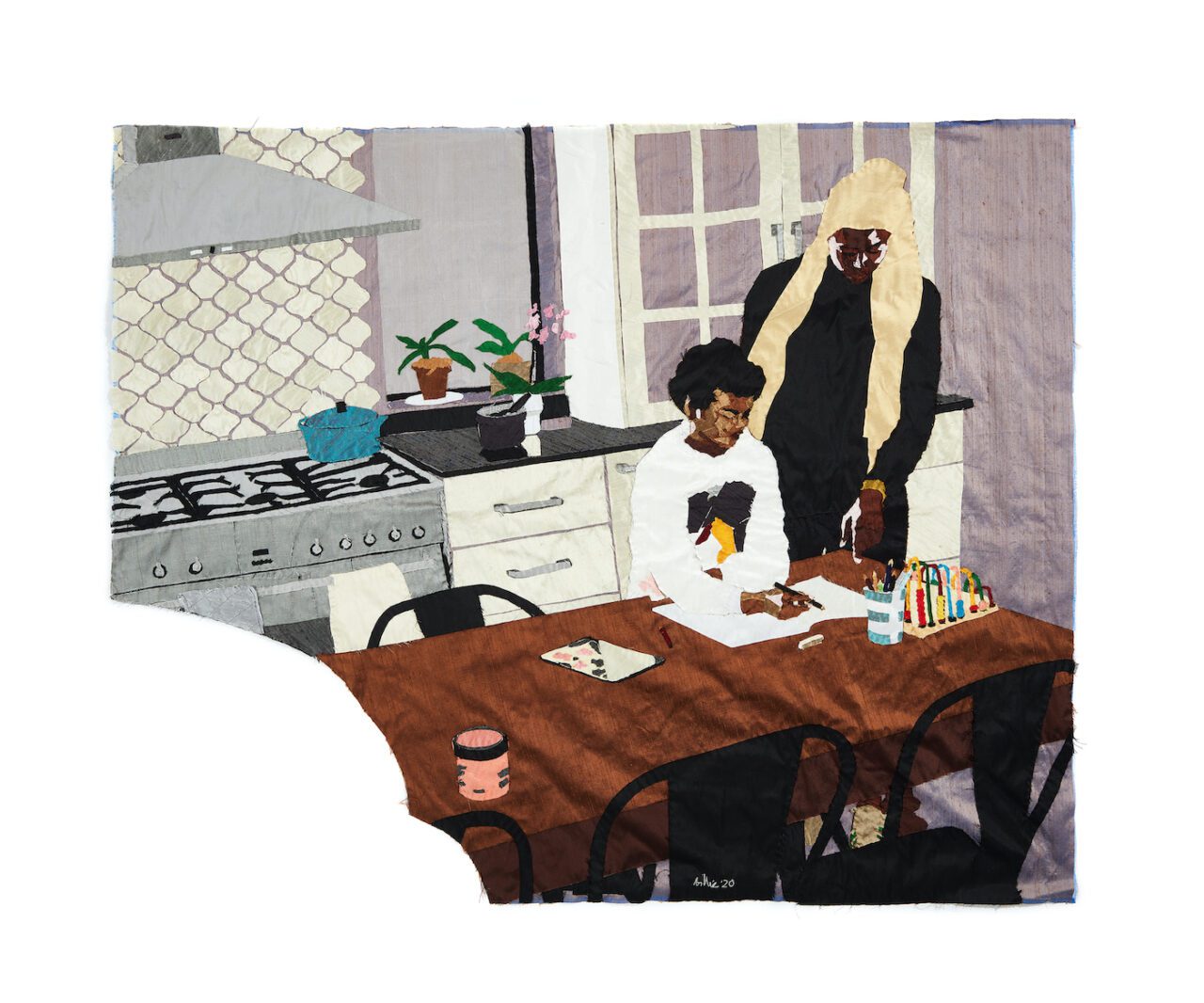 Billie Zangewa, Heart of the Home, 2020. Hand-stitched silk collage, 43 1/4 x 53 1/2 inches. Courtesy of Lehmann Maupin
