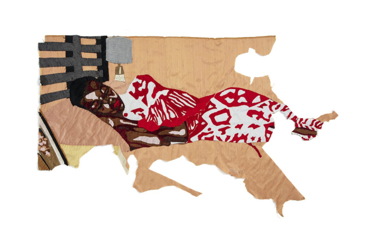 Billie Zangewa, An Angel at My Bedside, 2020. Hand-stitched silk collage, 31.89 x 46.06 inches. Courtesy of Sangbeom Kim and Sunjung Kim.
