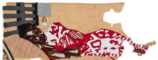 Billie Zangewa, An Angel at My Bedside, 2020. Hand-stitched silk collage, 31.89 x 46.06 inches. Courtesy of Sangbeom Kim and Sunjung Kim.