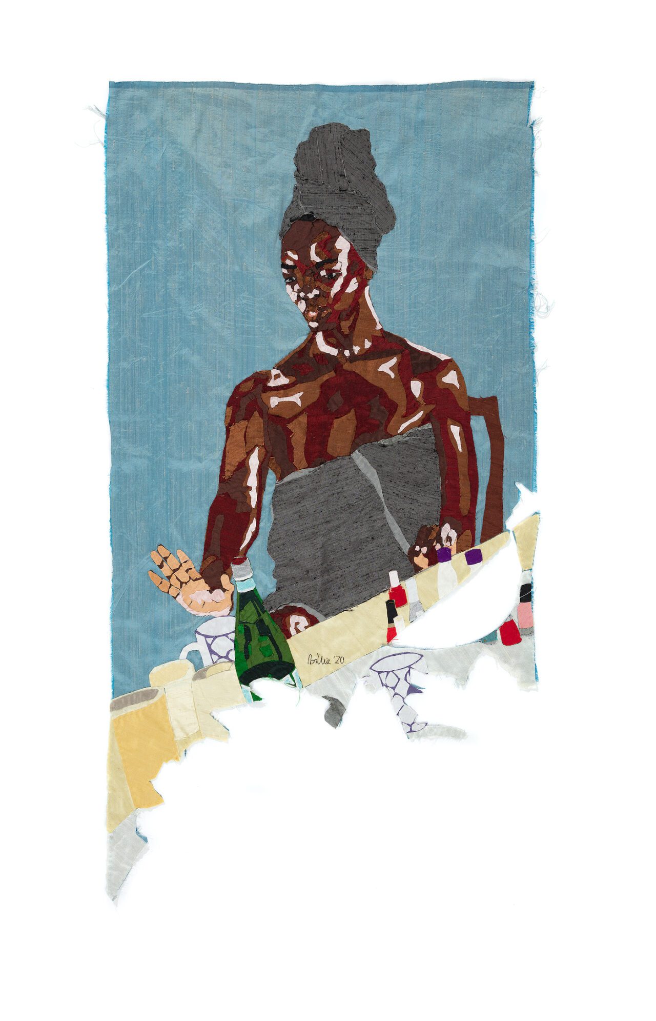 Billie Zangewa, Self-Care Sunday, 2020. Hand-stitched silk collage, 47.64 x 24.41 inches. Courtesy of Private Collection, Boston and Lehmann Maupin.