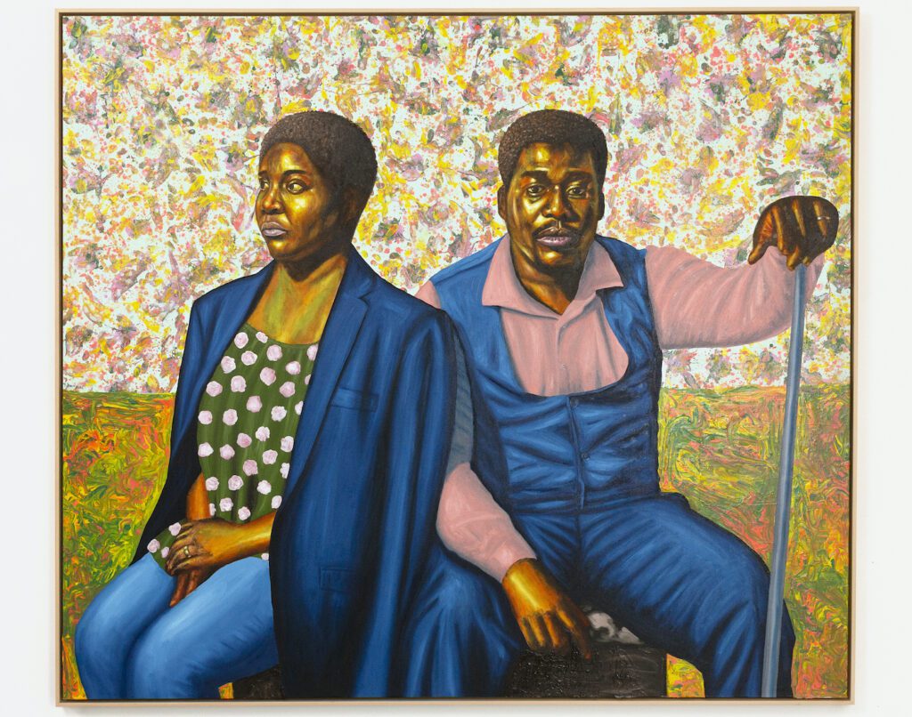 Barry Yusufu, An Old Line Tale, 2021, oil on canvas, 175.4 x 200.8 cm (69 x 79 in), Photo PEPE Fotografia, Courtesy the artist and Luce Gallery, Turin