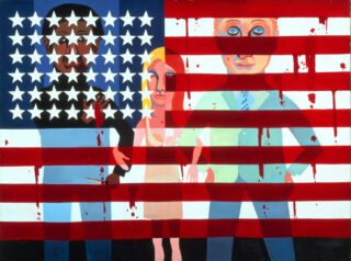 Faith Ringgold, American People Series #18: The Flag Is Bleeding, 1967. Oil on canvas, 72 × 96 in. (182.9 × 243.8 cm). National Gallery of Art, Washington, Patrons’ Permanent Fund and Gift of Glenstone Foundation (2021.28.1). © Faith Ringgold / ARS, NY and DACS, London, courtesy ACA Galleries, New York 2021
