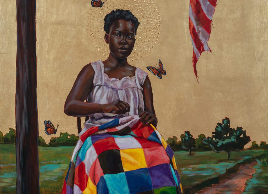 Stephen Towns (b.1980), I am the Glory (detail), 2020, Acrylic, oil, metal leaf on panel, 48 x 36 inches. Collection: Gregory and Alyssa Shannon, Houston, Texas.