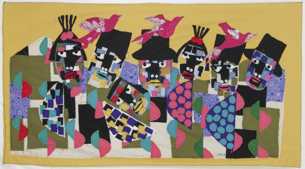 Sizwe Sama Sibisi, Queer Grove, 2021. Handstitched patchwork with brocade, linen, cotton, denim, 86 x 156 cm