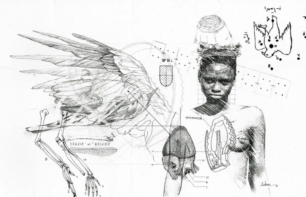 Nidhal Chamekh, Le battement des ailes No. V . 2017. Graphite, ink and transfer on cotton paper, 23 x 32.5 cm. Courtesy of Nidhal Chamekh and Selma Feriani gallery
