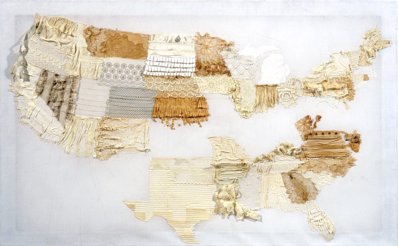 Cynthia Aurora Brannvall: The Threads that Bind … was on view March 30 - June 12, 2022
Cynthia Aurora Brannvall, The Threads That Bind a Nation, 2020. Vintage and antique textiles painted on stretched crinoline, white thread in long stitches. 36 × 58 in. Courtesy of the artist.