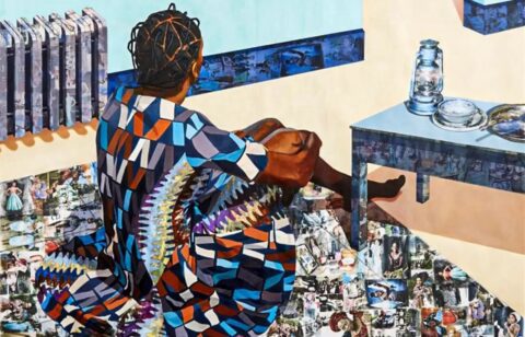 Njideka Akunyili Crosby, “The Beautyful Ones Are Not Yet Born” Might Not Hold True For Much Longer, 2013. Acrylic and photographic transfers on paper, 64×82 7/8 in. (162.6×210.5cm). Nasher Museum of Art at Duke University, Durham, North Carolina, gift of Marjorie and Michael Levine © Njideka Akunyili Crosby, courtesy of the artist, Victoria Miro, and David Zwirner