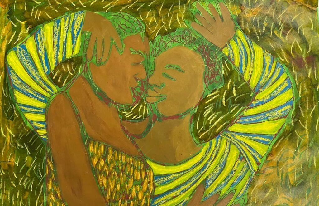 Sola Olulode, Park Dates, 2020, Monoprint, ink, oil pastel and acrylic on paper. Copyright The Artist