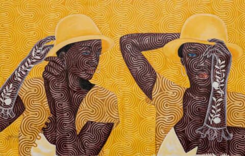 Foster Sakyiamah, Yellow Sunday School (Detail) 2022; Acrylic on canvas, 39.4 x 78.7 in. Image courtesy of the gallery
