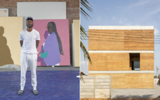 (left) Amoako Boafo. Photo Robert Wedemeyer. (right) The exterior of dot.ateliers in Accra, image courtesy of Edem J. Tamakloe.