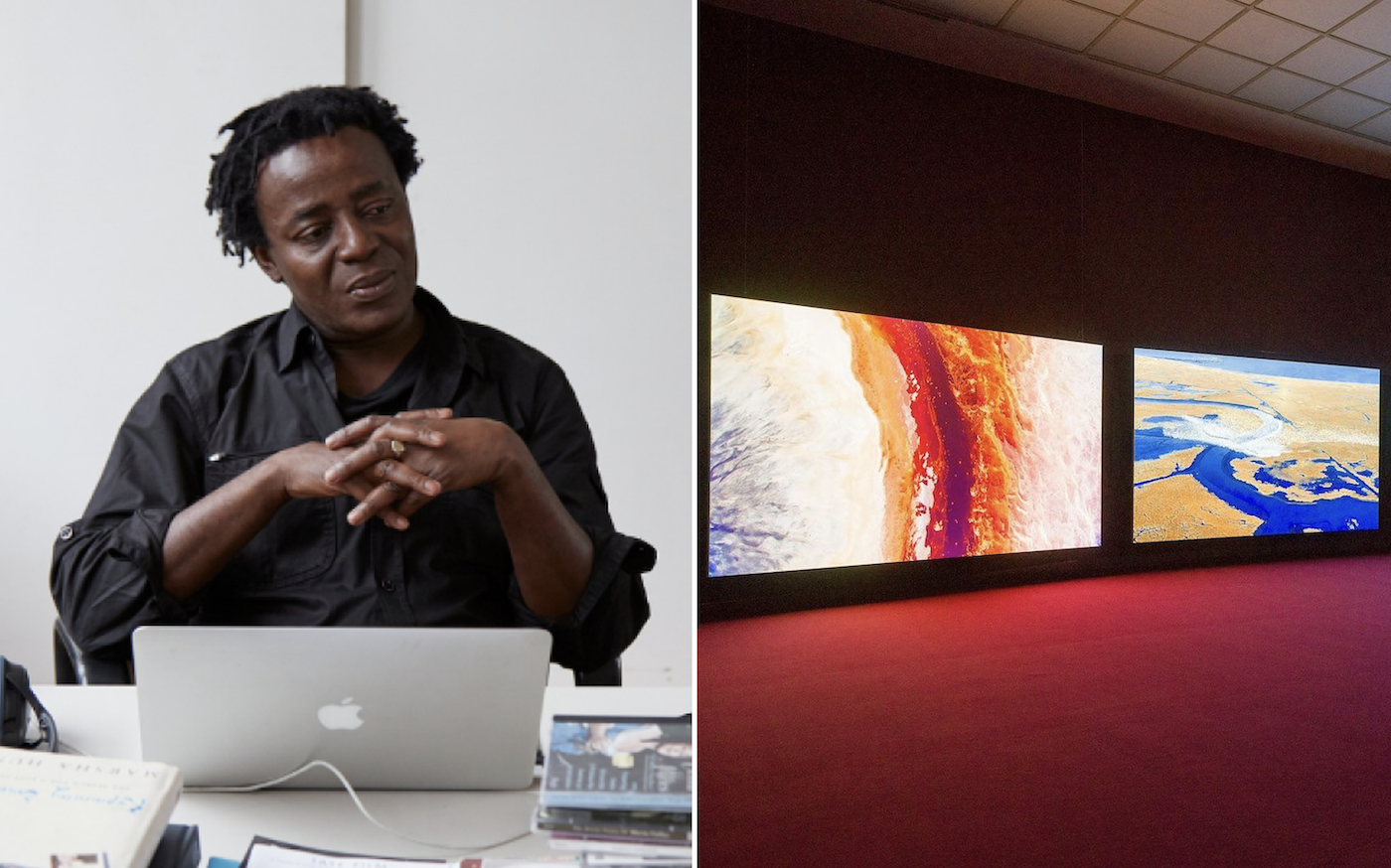 (left) John Akomfrah at his London studio, 2016. © Jack Hems; (right) John Akomfrah, exhibition view at Secession, Vienna, 2020. Courtesy of the artist and Secession Vienna
