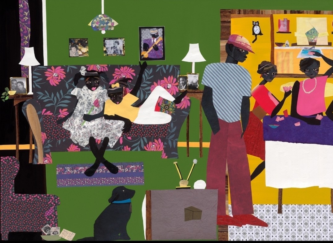 Judy Bowman. Mom On Seneca, 2020. 36 x 48 in 91.4 x 121.9 cm. Courtesy of the artist. "Mom On Seneca depicts my home on the Eastside of Detroit in the early 1960s. It was not rare to see the adults enjoying a competitive and lively game of cards, while us kids were off watching television and finding our own mischief in the den – a cultural scene in the fabric of many Black homes and traditions. Laughter mixed with trash talking
filled the atmosphere and music played in the background."