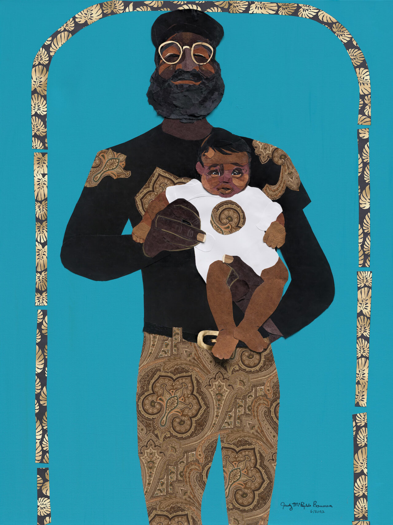 Judy Bowman, Proud Papa, 2022. Mixed media
collage on canvas 48 x 36 in 121.9 x
91.4 cm. Image courtesy the artist
and Museum of Contemporary Art Detroit
