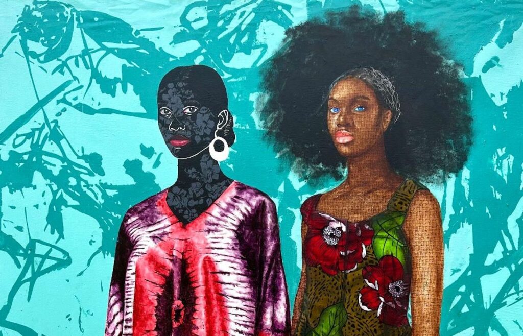 David Olatoye and Victor Olaoye,'Just like Sisters' (Detail), Acrylic, dyes, pastels, pen and fabric collage on canvas, 60 x 40 in. Courtesy of GR Gallery.