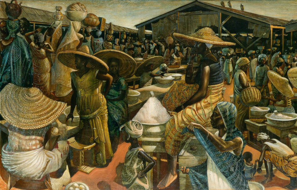 John Biggers, “Kumasi Market,” 1962. Oil and acrylic on Masonite board, 34 x 60 inches. Collection of William O. Perkins, III © 2022 John T. Biggers Estate. Licensed by VAGA at Artists Rights Society, New York. Estate represented by Michael Rosenfeld Gallery. (Courtesy of Swann Auction Galleries and American Federation of Arts)