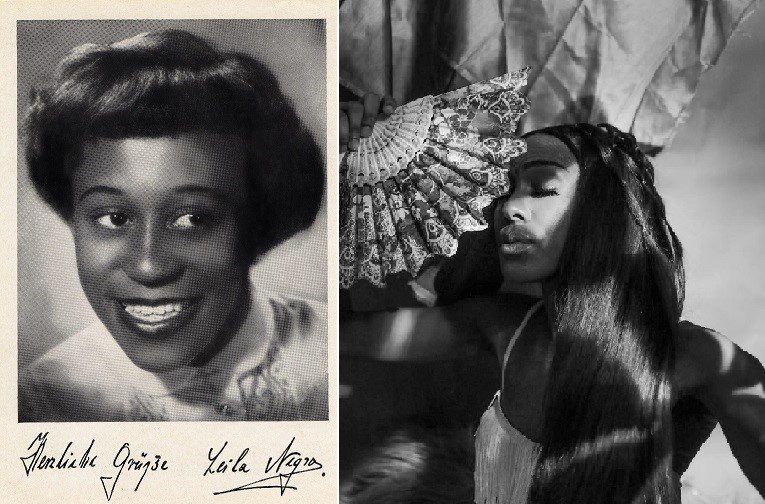 Left: German singer and actress Marie Nejar, stage name “Leila Negra” (b. 1930), Photo: Atelier Manassé. Right: Portrait Ahya Simone. Photo: Franchesca Lamarre