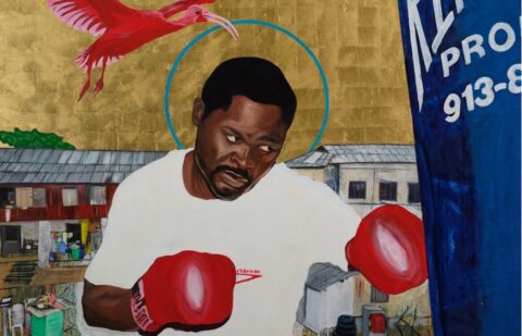 Godfried Donkor, St Azumah Nelson II (Detail), 2023, Oil, Acrylic and Gold Leaf on Canvas. Courtesy of Gallery 1957