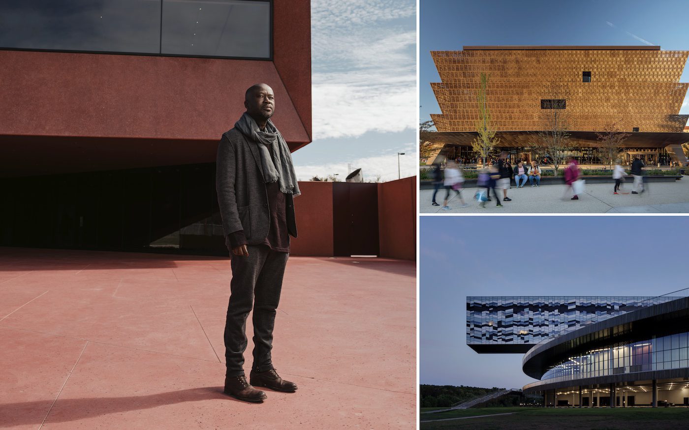 David Adjaye. Photo credit: Josh Huskin; two buildings designed by David Adjaye (top right) Smithsonian National Museum of African American Arts and Culture - Washington DC. Photo: Nic Lehoux; (bottom right) MOSCOW School of Management. Photo: Ed Reeve. All images courtesy of RIBA.