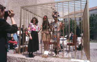 Coco Fusco and Guillermo Gómez-Peña, Two Undiscovered Amerindians Visit the West, 1992. Photo: Nancy Lytle