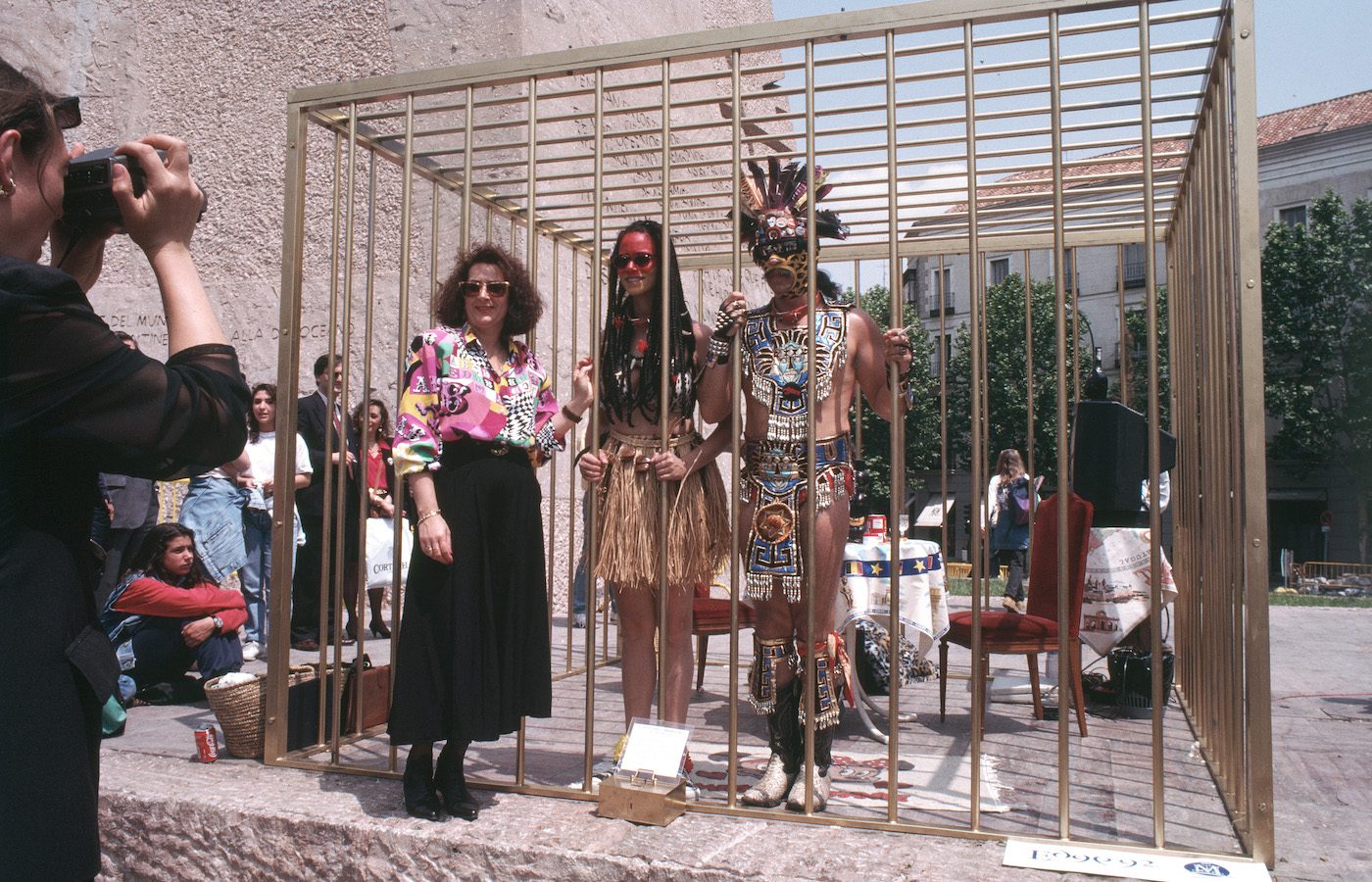 Coco Fusco and Guillermo Gómez-Peña, Two Undiscovered Amerindians Visit the West, 1992. Photo: Nancy Lytle