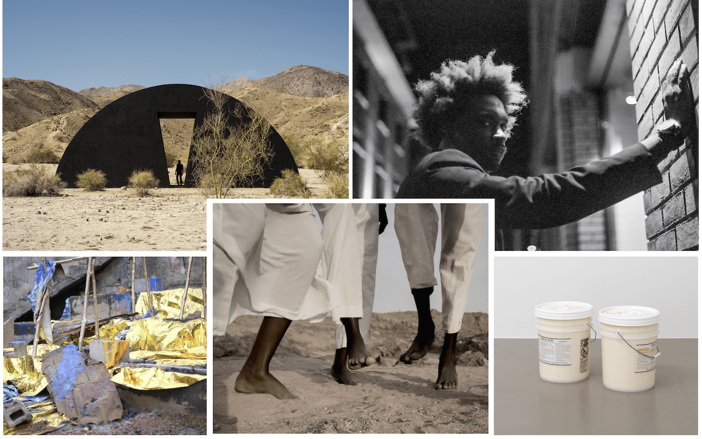(clockwise) Torkwase Dyson, Liquid A Place, 2023. Homme Adams Park 72500 Thrush Road, Palm Desert at Desert X. Photography courtesy of Lance Gerber; Rhael 