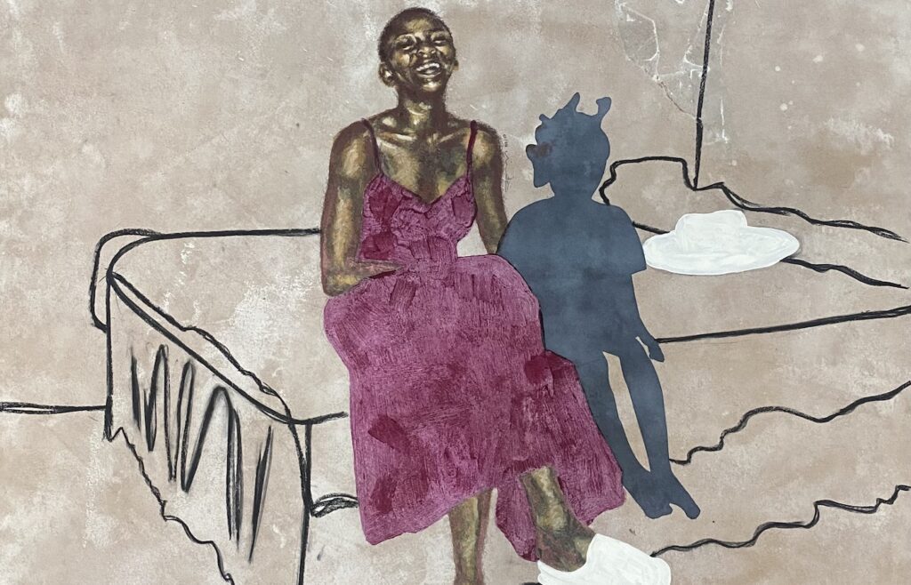 Nonceba Dwanya, Leblomo, 2023.
Ink, gouache, and charcoal on Masonite.
1,22 m x 1,22m
Image courtesy of the artist