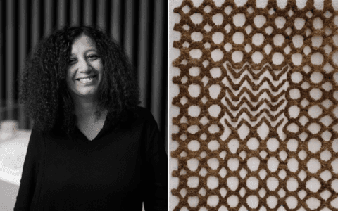 (left) Portrait of Amina Ageuznay. © Hazem Treasure; (right) Amina Agueznay, Portal #1, 2023. Wool, cotton. Courtesy of the artist.