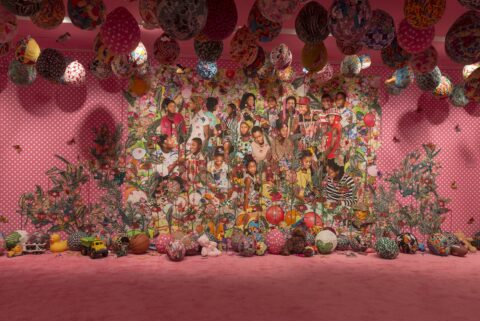 Ebony G. Patterson. . . . they were just hanging out . . . you know . . . talking about . . . ( . . . when they grow up . . .), 2016. Beads, appliqués, fabric, glitter, buttons, costume jewelry, trimming, rhinestones, glue, digital prints. The Dean Collection, courtesy of Swizz Beatz and Alicia Keys. © Ebony G. Patterson. Courtesy of the artist, Monique Meloche Gallery, and the Studio Museum in Harlem. (Photo: Adam Reich)
