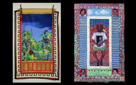 (left) Faith Ringgold, Feminist Series: We Meet the Monster, 1972. Acrylic on canvas framed in cloth 12/20, 127 x 83 cm. (right) Faith Ringgold, Marlon Riggs: Tongues Untied, 1994. Storyquilt, 226 x 151 cm. Both images courtesy the artist and Weiss Berlin
