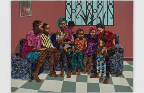 Marcellina Akpojotor, Diatacheko's Parlour, 2023-2024, Fabric and acrylic on canvas, 77 x 60 in, 195.6 x 152.4 cm. Photo: Mark Blower.
